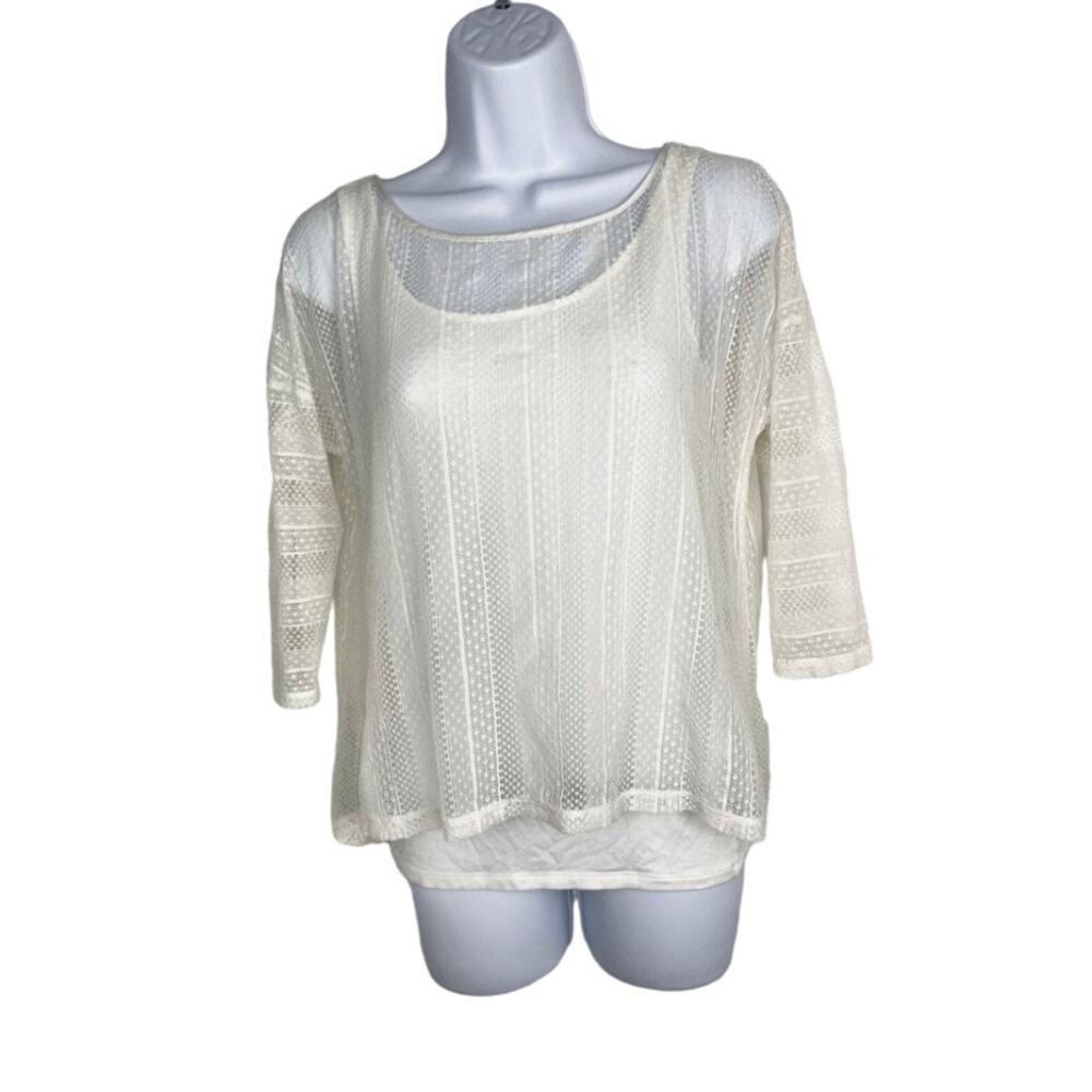 White House Black Market Top Size XXS Cream Lace Sheer 3/4 Sleeve Built In Cami